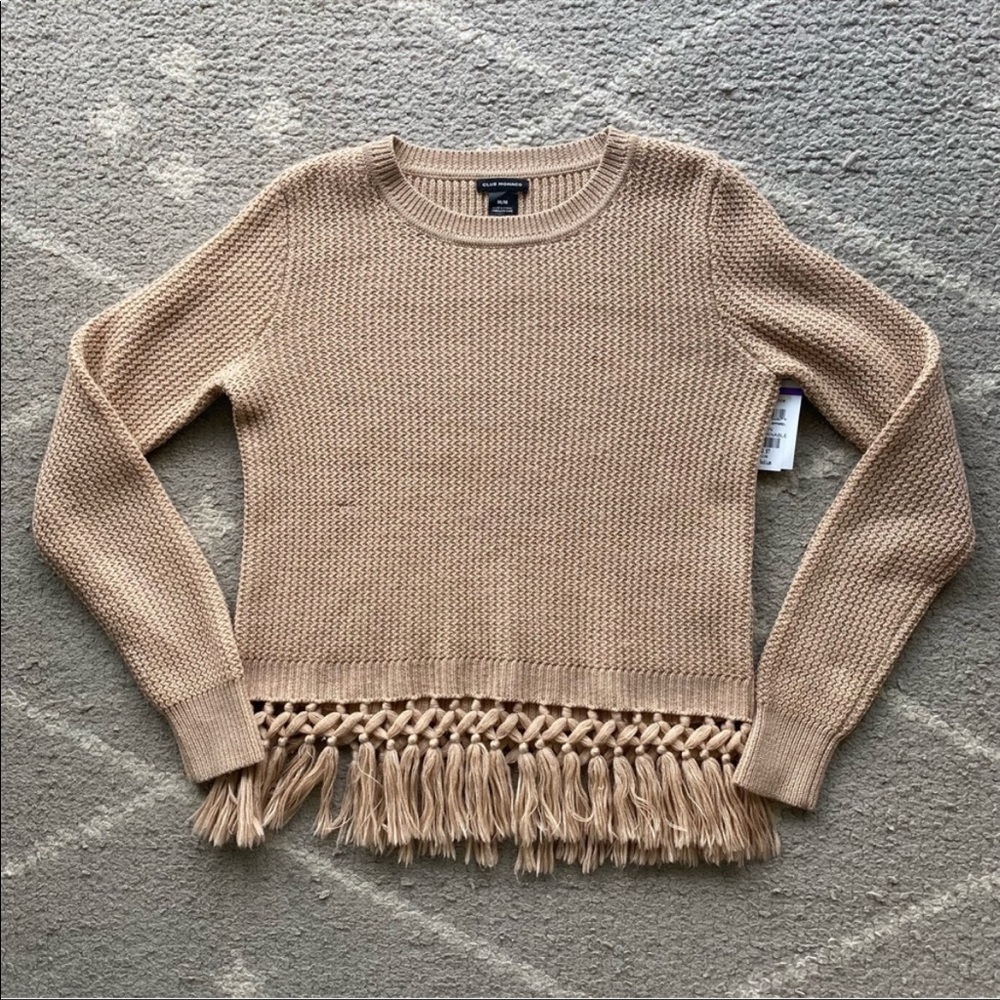 Club Monaco Tan Knit Crewneck Fringe Sweater M